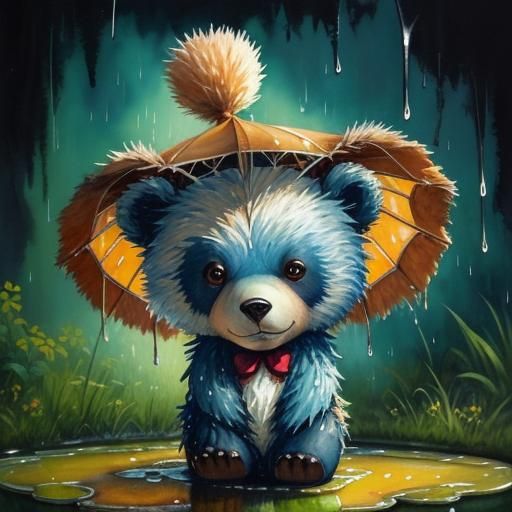 Sad Bear in Rain: Photorealistic Watercolor Illustration