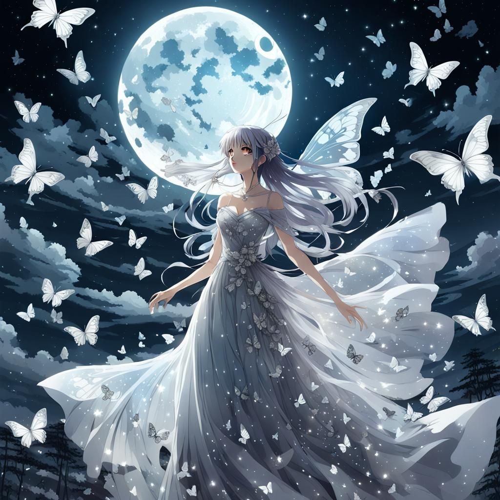 Anime Girl in Moonlit Cloudscape with Butterflies