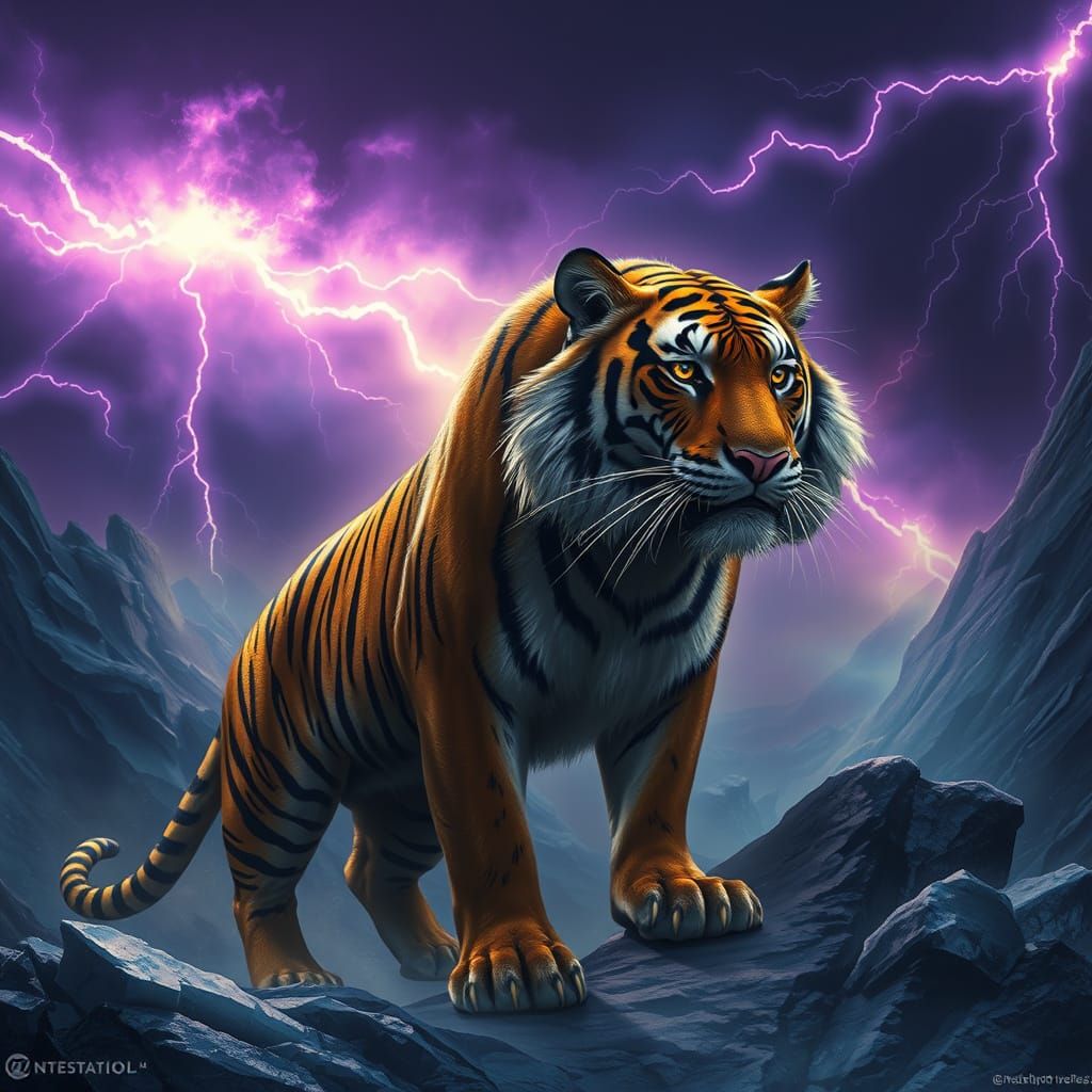 Majestic Dark Fantasy Tiger in Icy Landscape