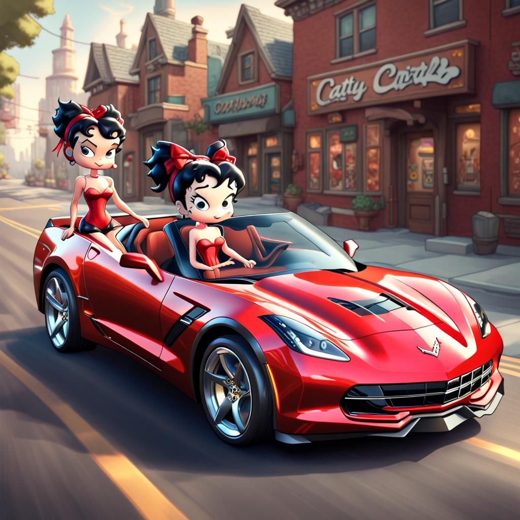 Betty Boop Drives a Corvette: Detailed Matte Painting
