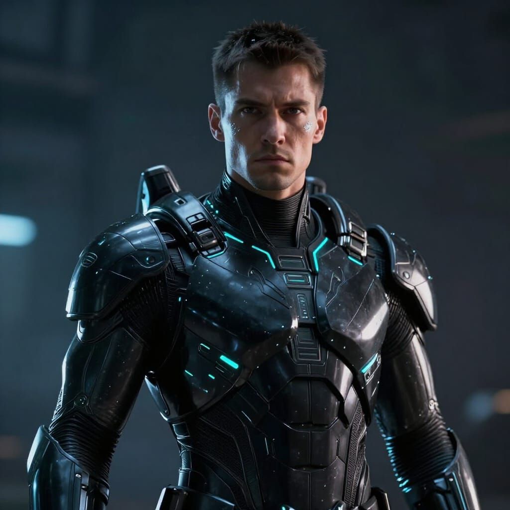 Stern Enforcer in High-Gloss Obsidian Armor with Cyan Light
