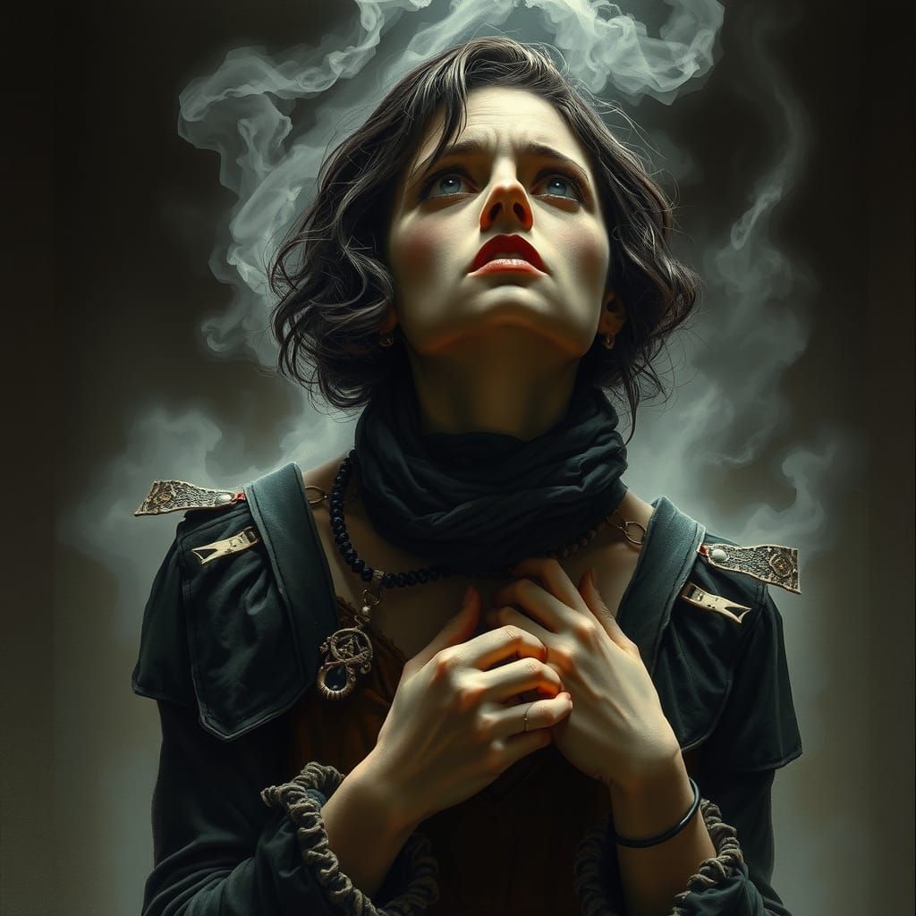 Terrified Woman with Cursed Amulet in Eerie Setting