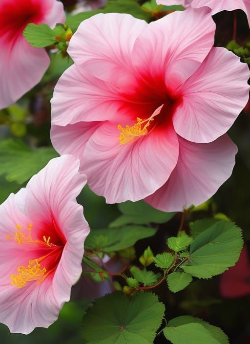 Surreal Hibiscus Flowers in Dreamlike Jungle Landscape
