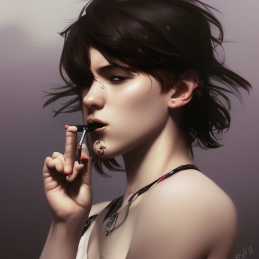 Tomboy goth girl, smoking a cigarette