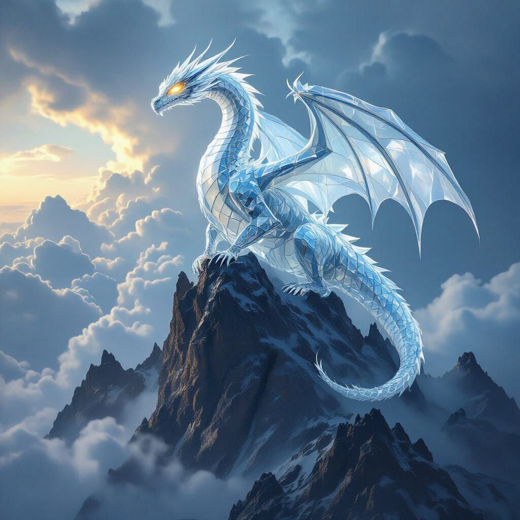 Glass Dragon on Mountain Peak in Cinematic Style