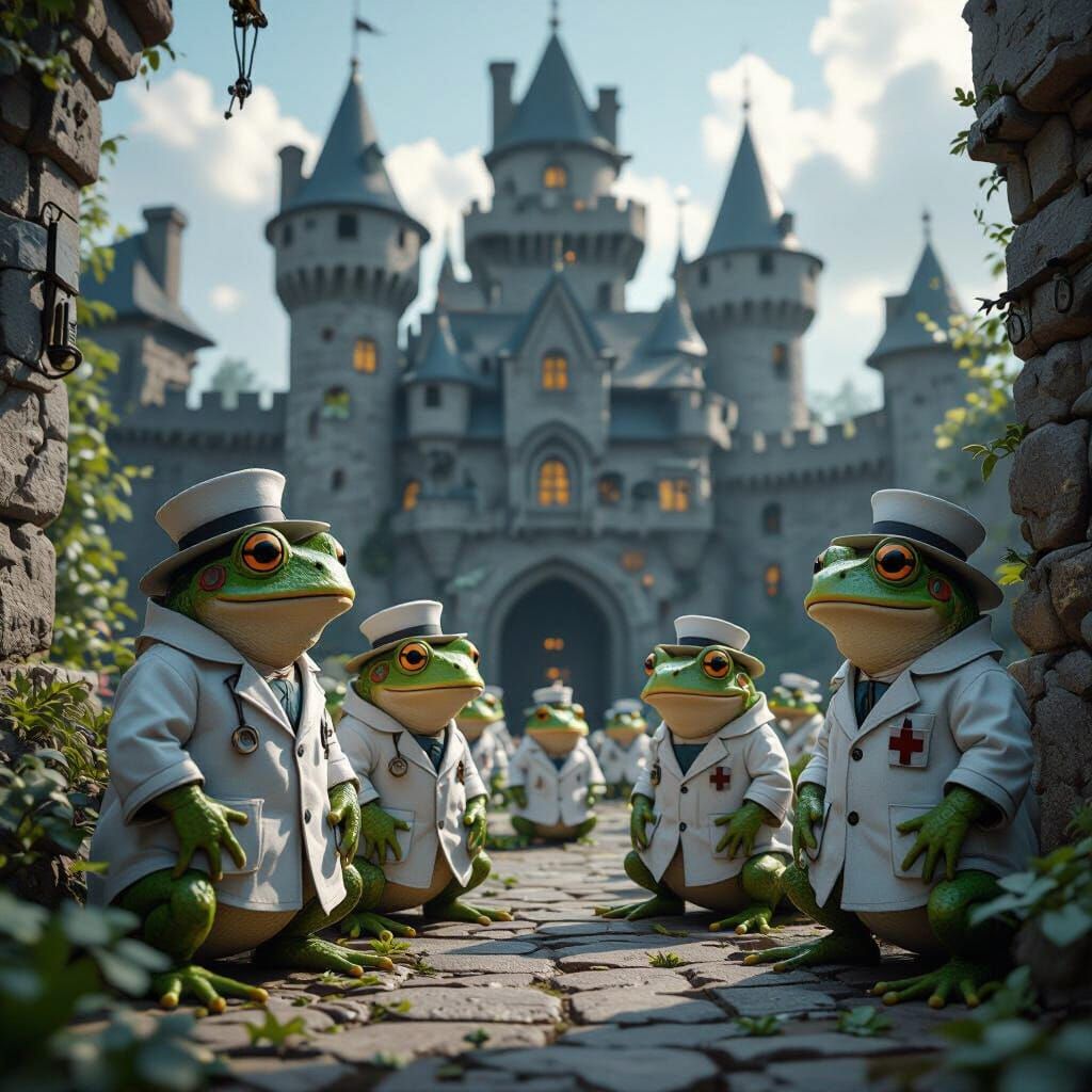 Medieval Frog Doctors in Castle, Photorealistic 3D Render