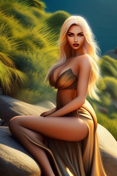 A beautiful blonde wearing a gold dress sitting on rocks with a tropical beach background,