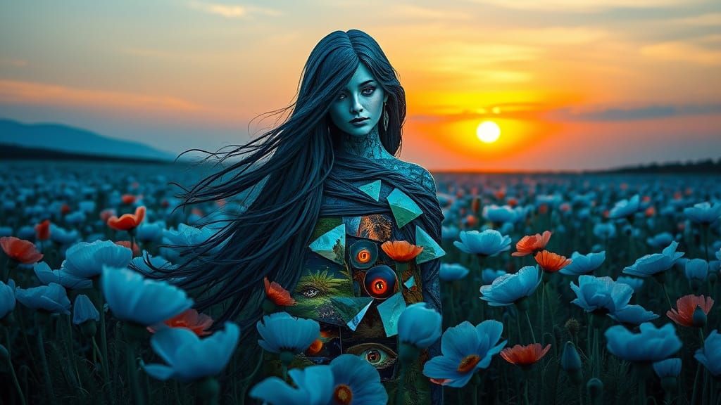 Surreal Sculpture of Woman Emerging from Blue Poppies in Sun...