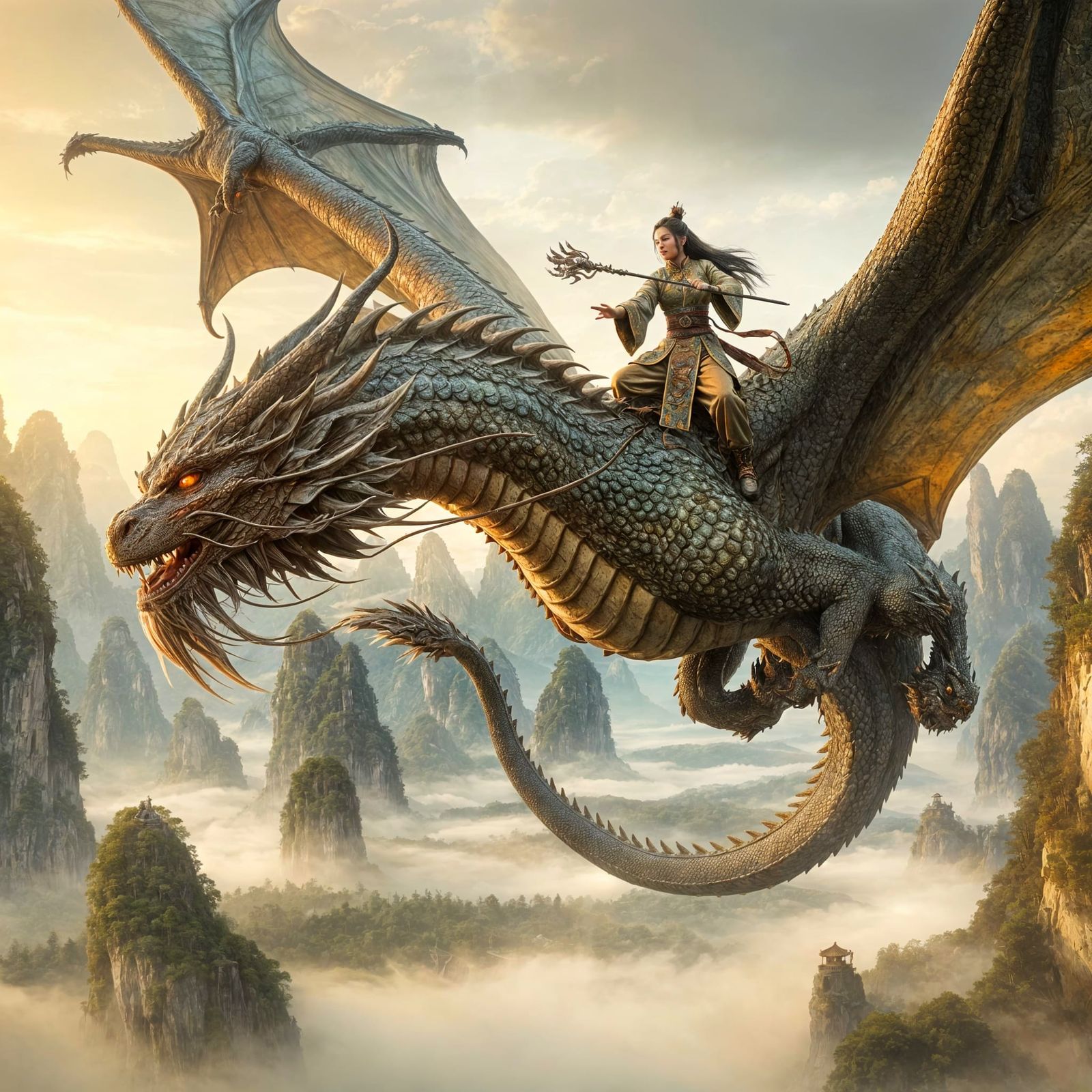 Chinese Heroine Rides Dragon Over Misty Mountains