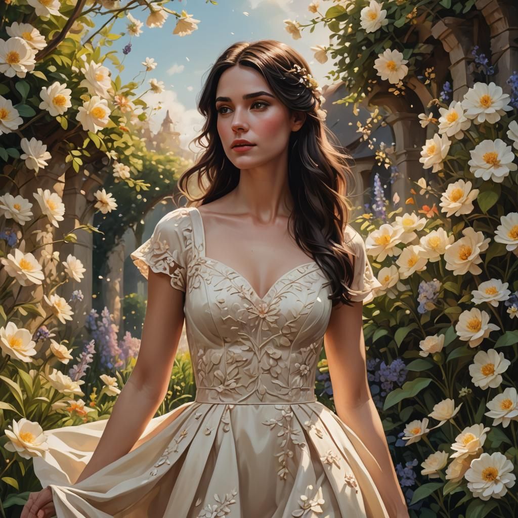 Brunette Girl in Flower Garden, Acrylic Painting