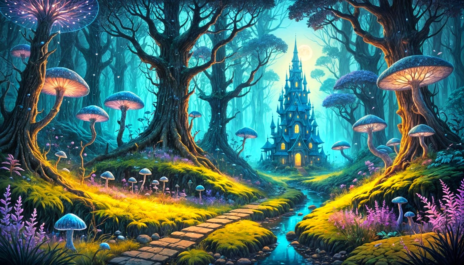 Enchanted Crystal Forest with Ethereal House