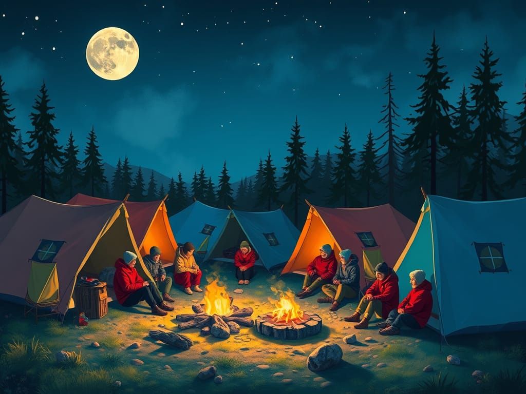 Whimsical Campsite Under Moonlight: Impressionistic Style