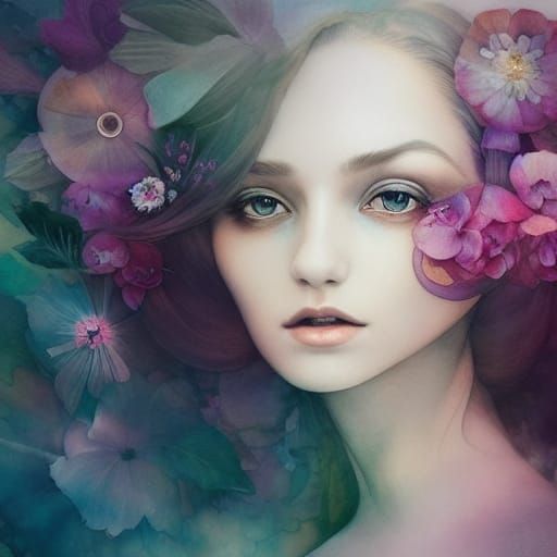 Ethereal Flower Girl Portrait in Watercolor Style