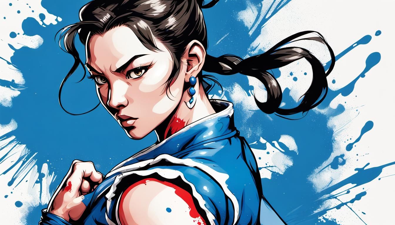 Chun Li Action Pose in Duotone Graphic Novel Style