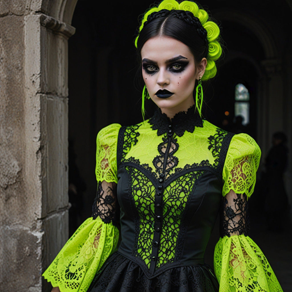 Gothic Girl in Neon Coloured Dress with Lace Makeup