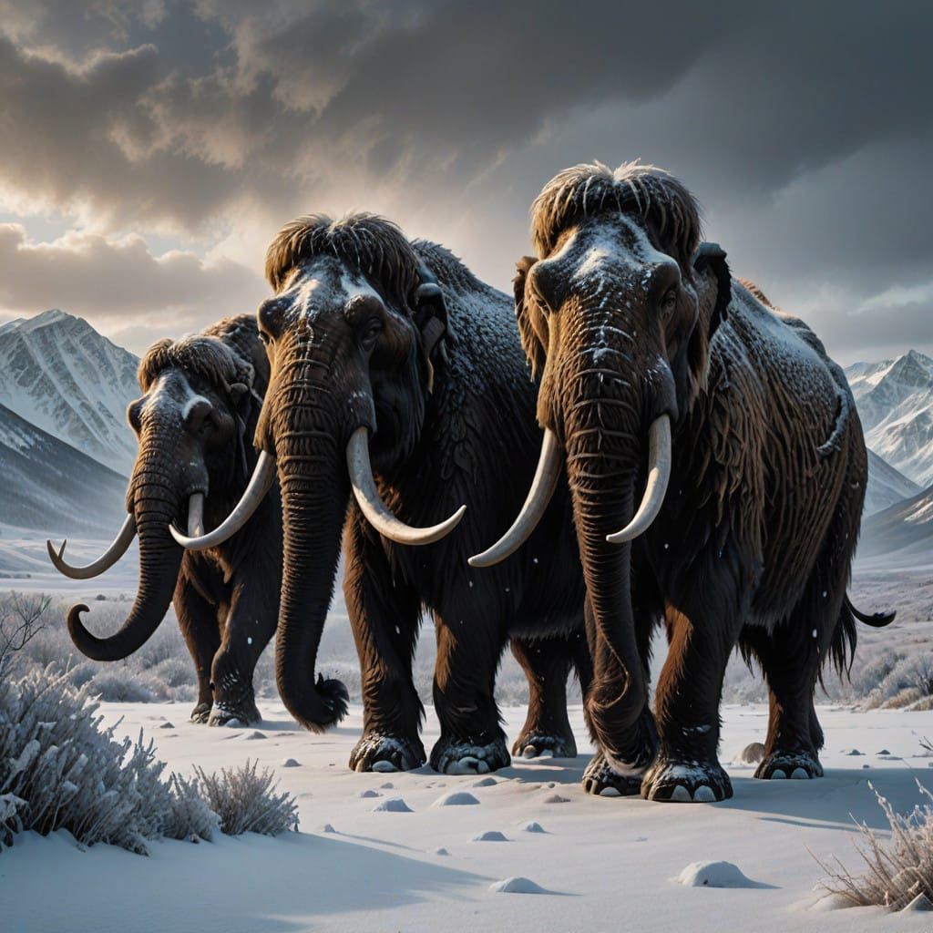 Woolly Mammoths in a Snowy Field