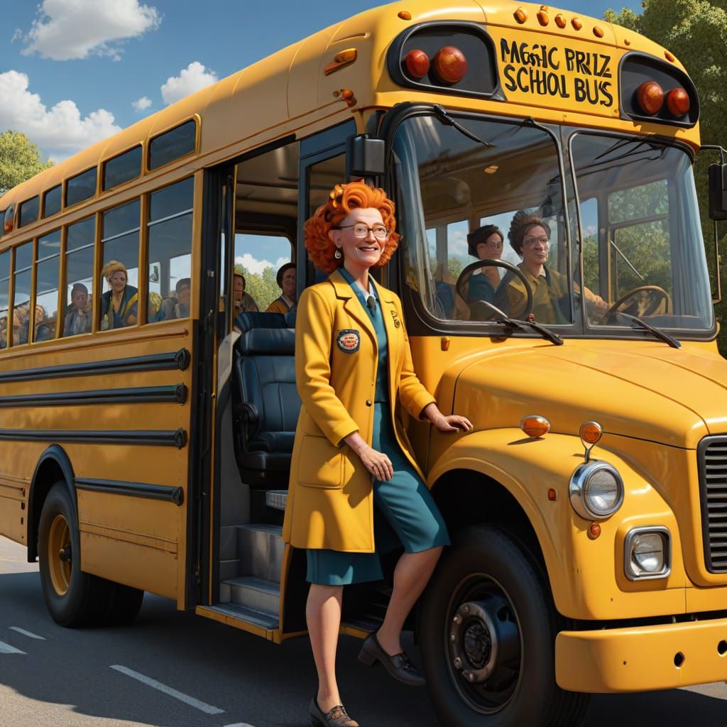 Modern Day Ms Frizzle Drives Yellow School Bus with Lifelike...