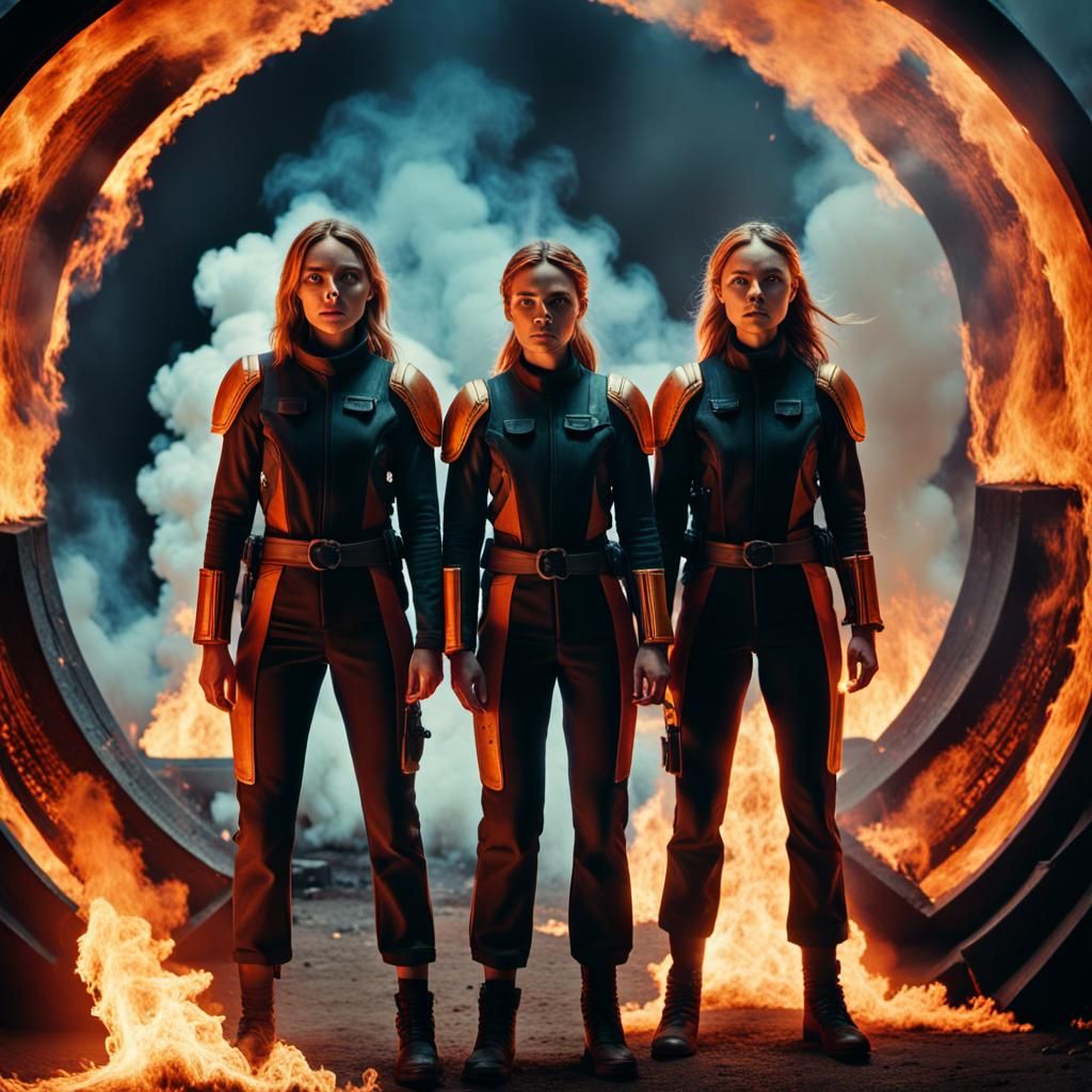 Women Emerging from Burning Stargate in Cinematic Style