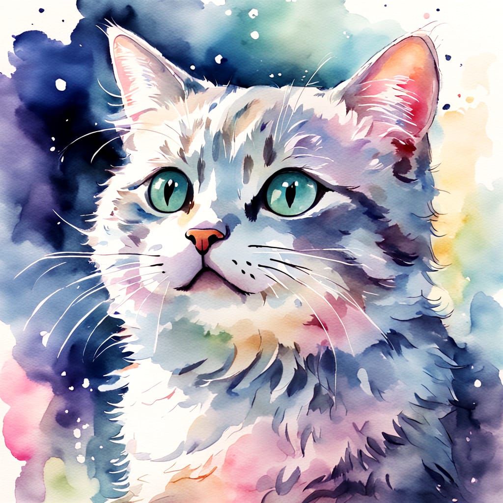 Cute Kawaii Cat Playing, Watercolour Ink Style