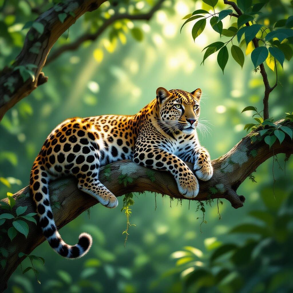 Leopard on Branch in Dappled Jungle Light