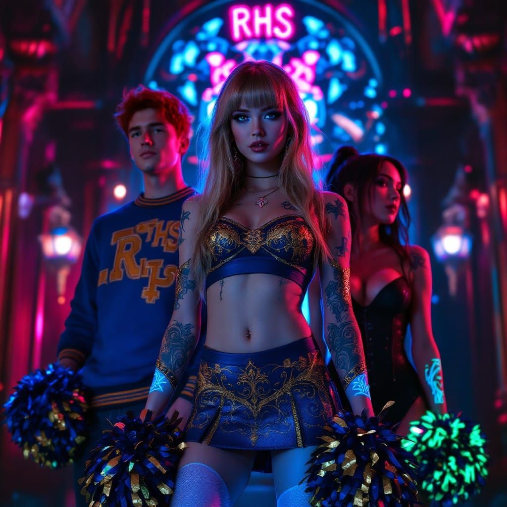 Goth Cheerleader Betty in Immersive University Backdrop