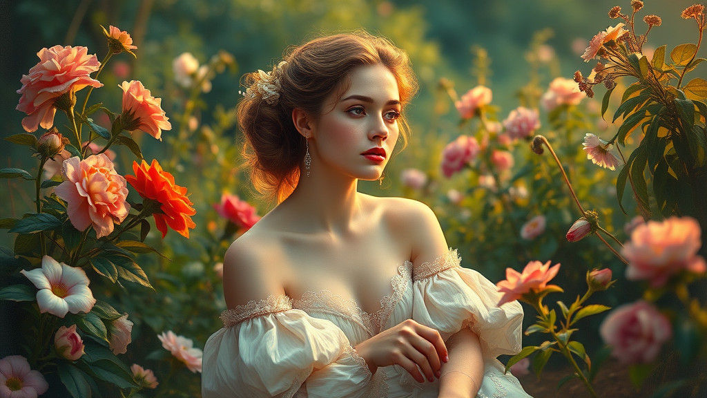 Renaissance Muse in Lush Garden, Imaginative Realism