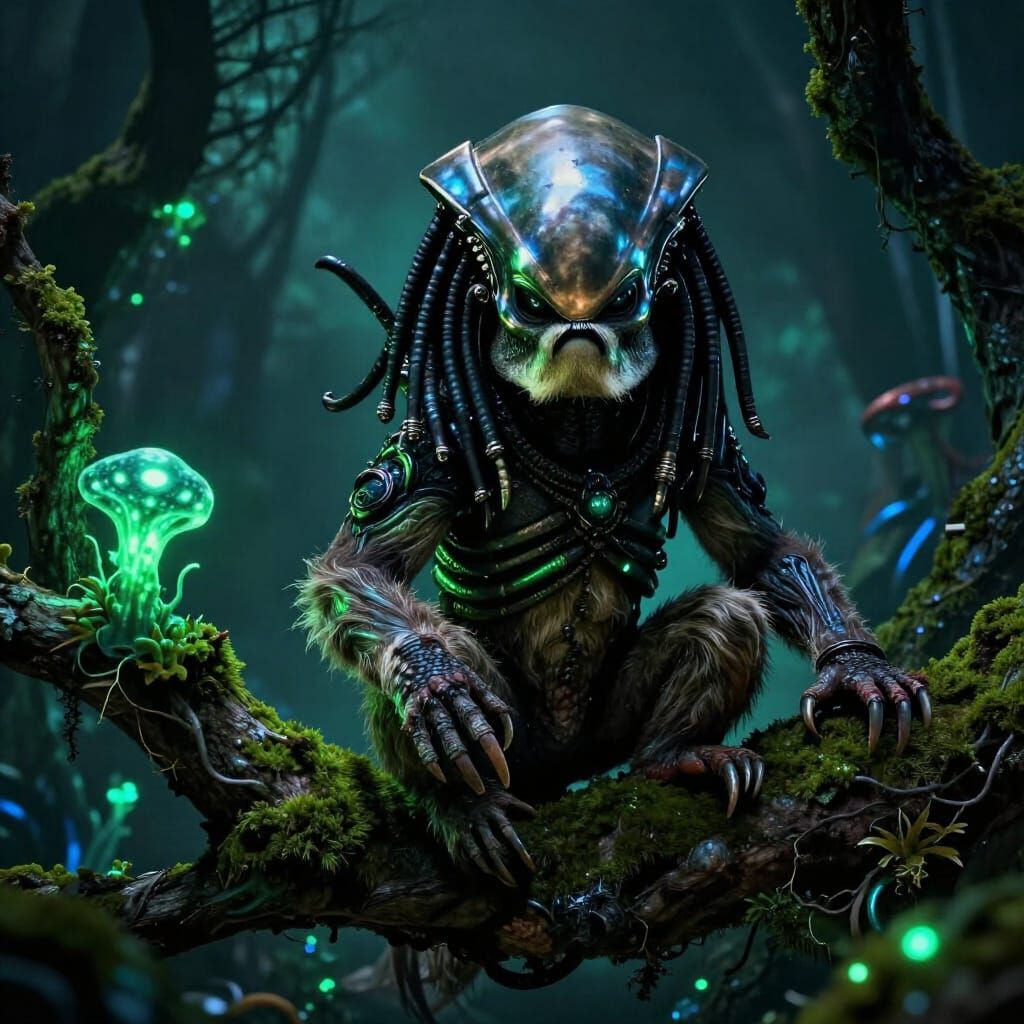 Sloth Predator on Alien Tree Branch in Dark Concept Art Styl...
