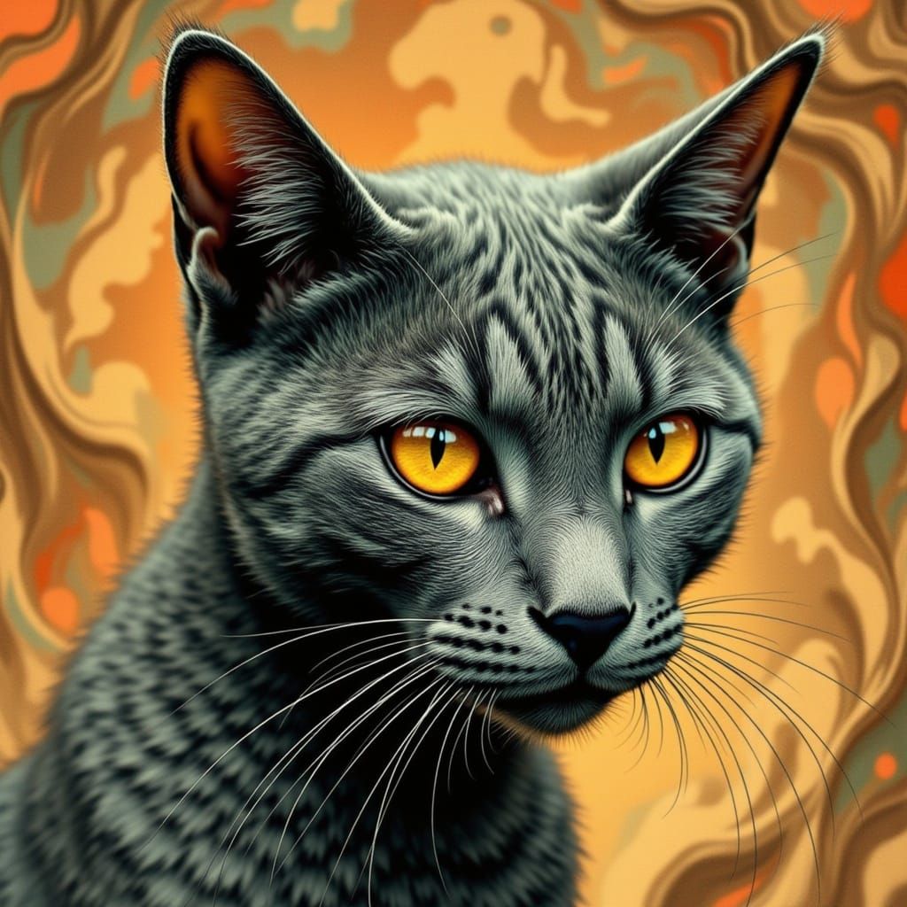 Biomechanical Cat Silhouette in Surreal Swirls