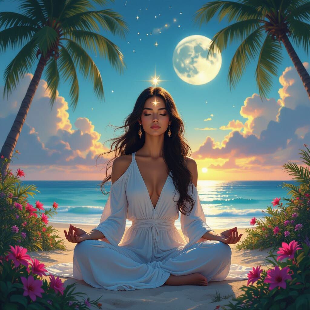 Divine Natural Landscape with Meditating Woman