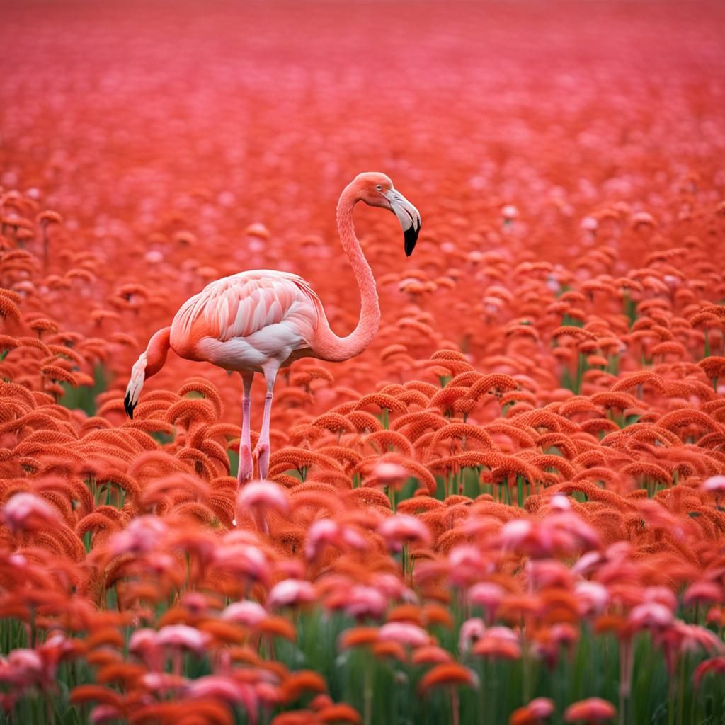 Flamingo in a Vibrant Flower Field