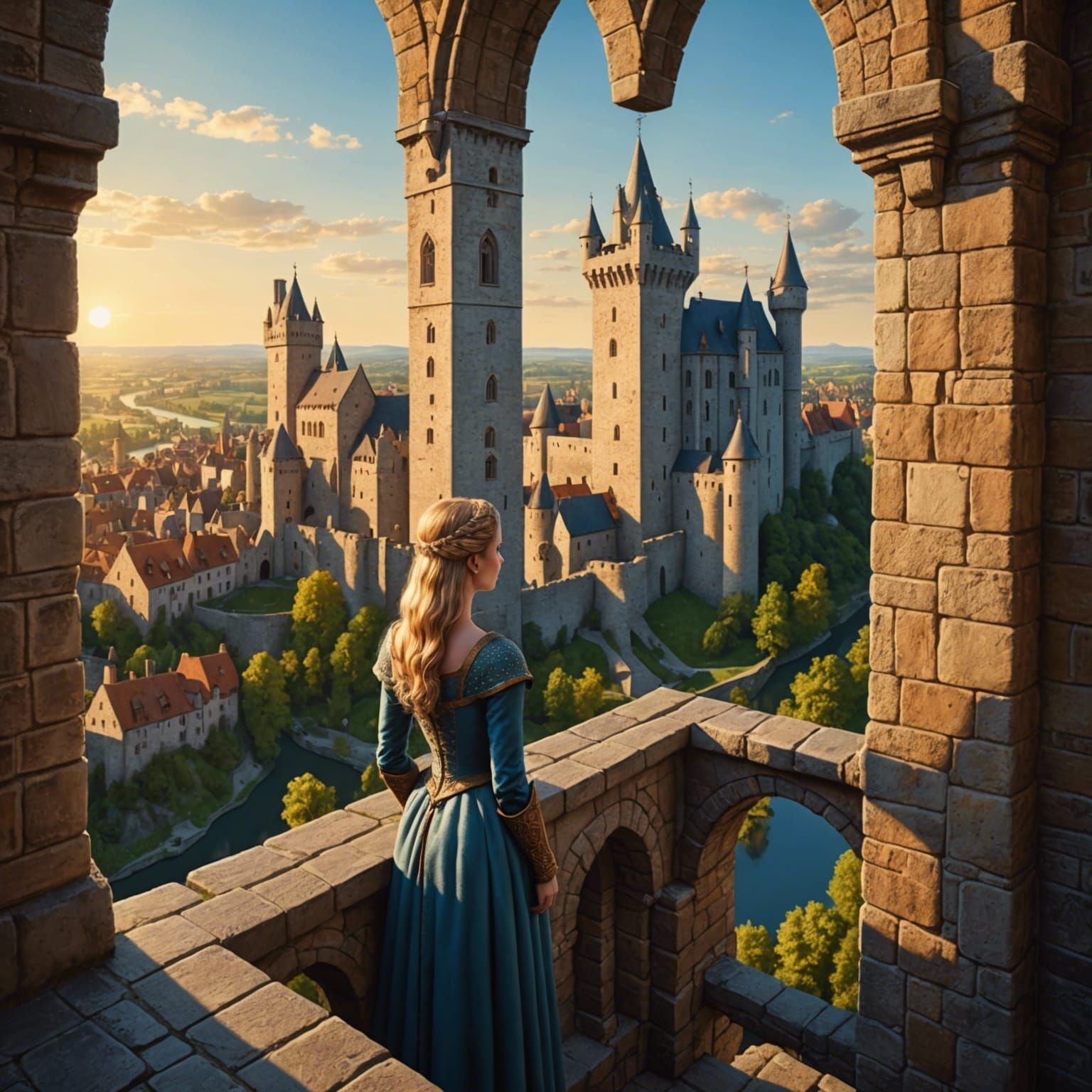 Princess in Tower Window, Medieval Castle in 3D