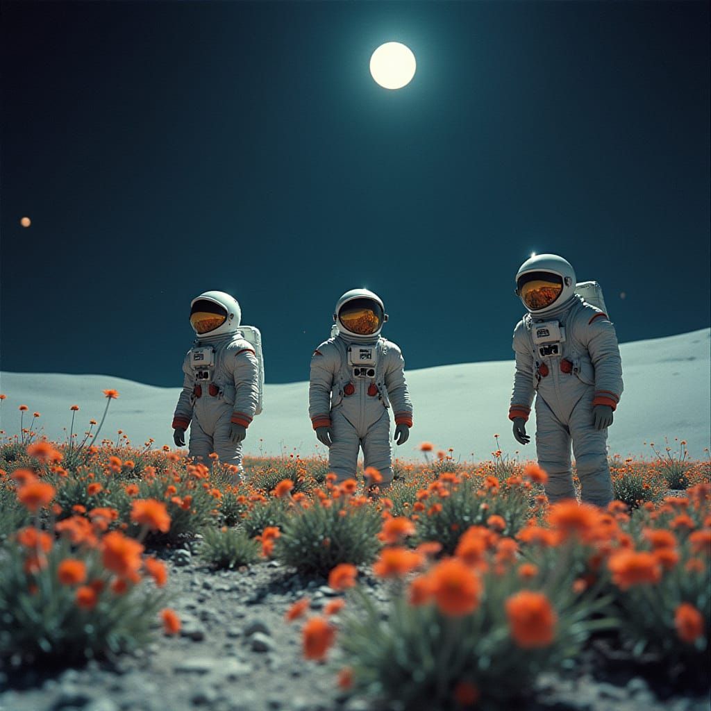 Astronauts tending flowers on the Moon in retro sci-fi style