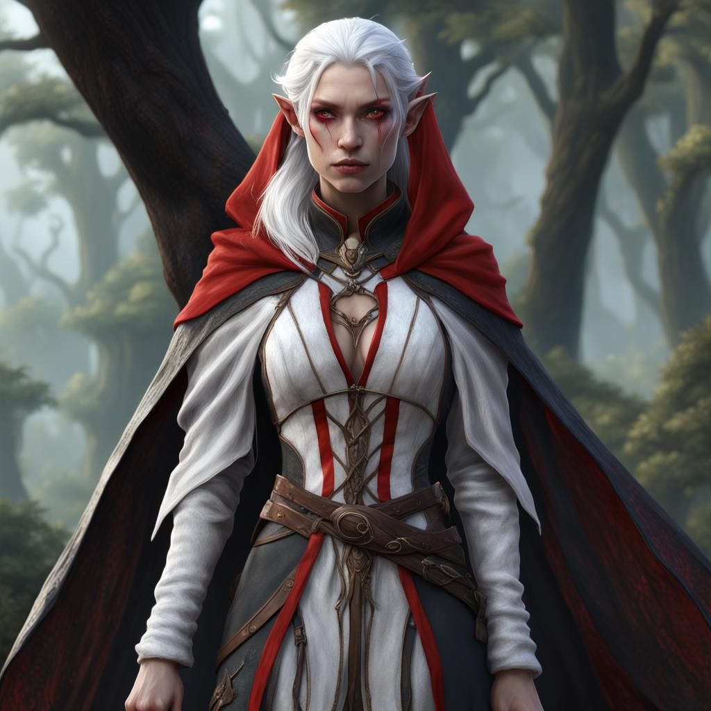 Cloaked Half-Elf with Red Stripe in Detailed Matte Painting