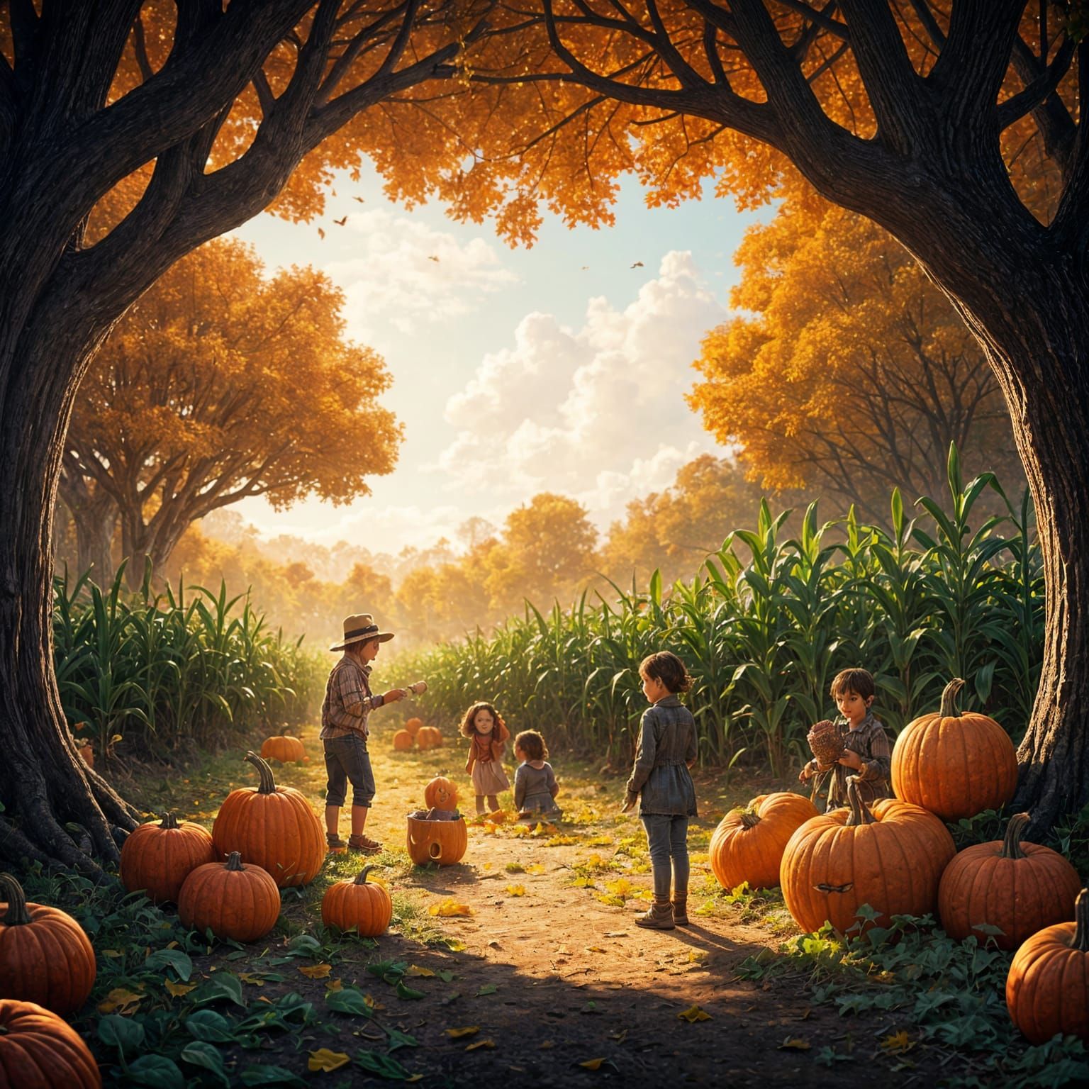 Festive Autumn Farm Scene with Pumpkin Patch