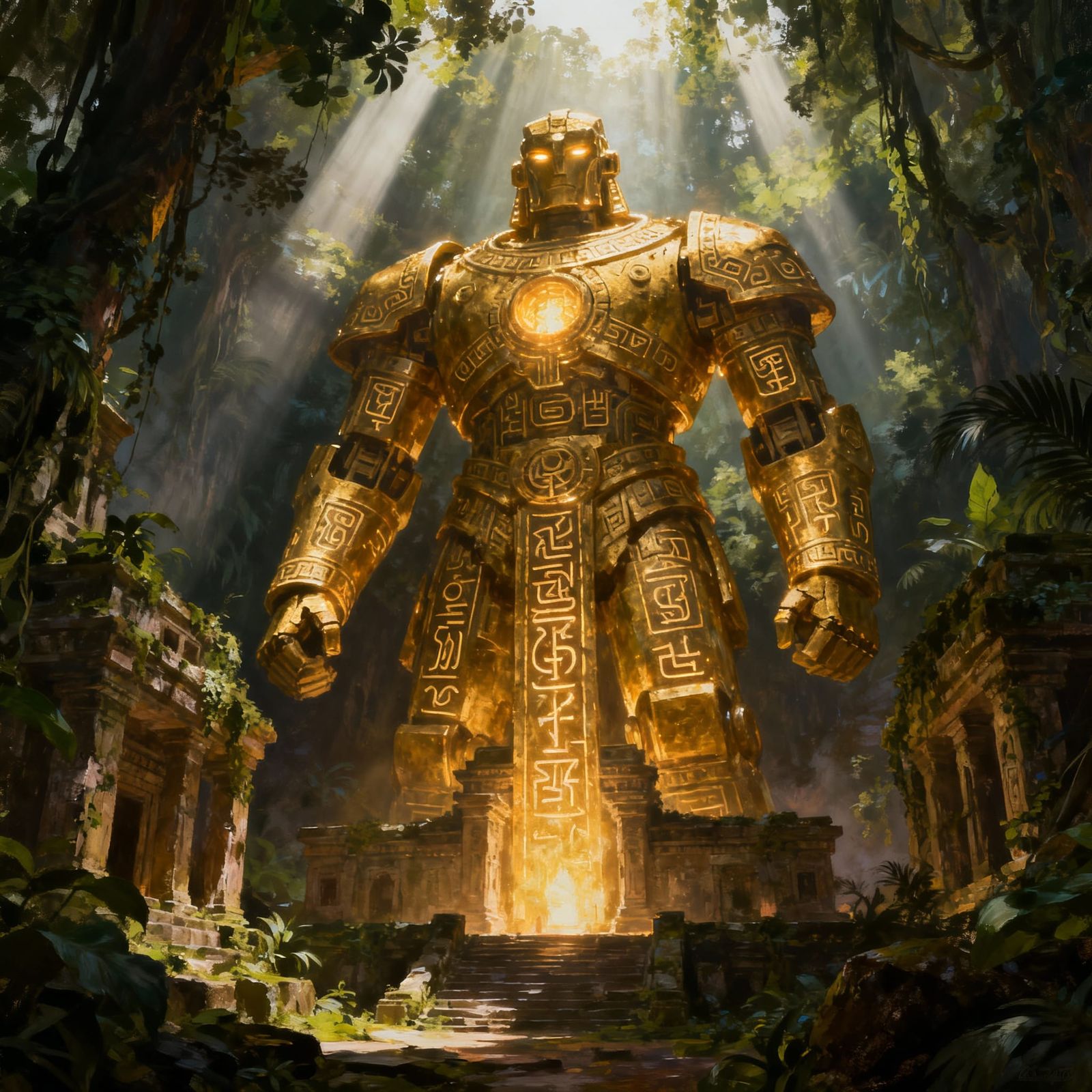 Golden Golem Guards Ancient Temple in Jungle