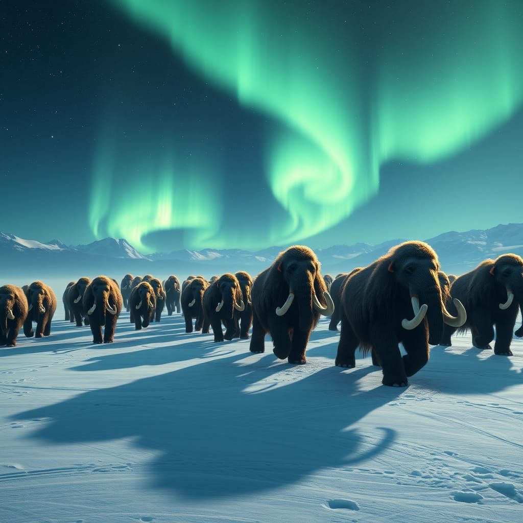 Woolly Mammoths Under Aurora Borealis: Cinematic Realism