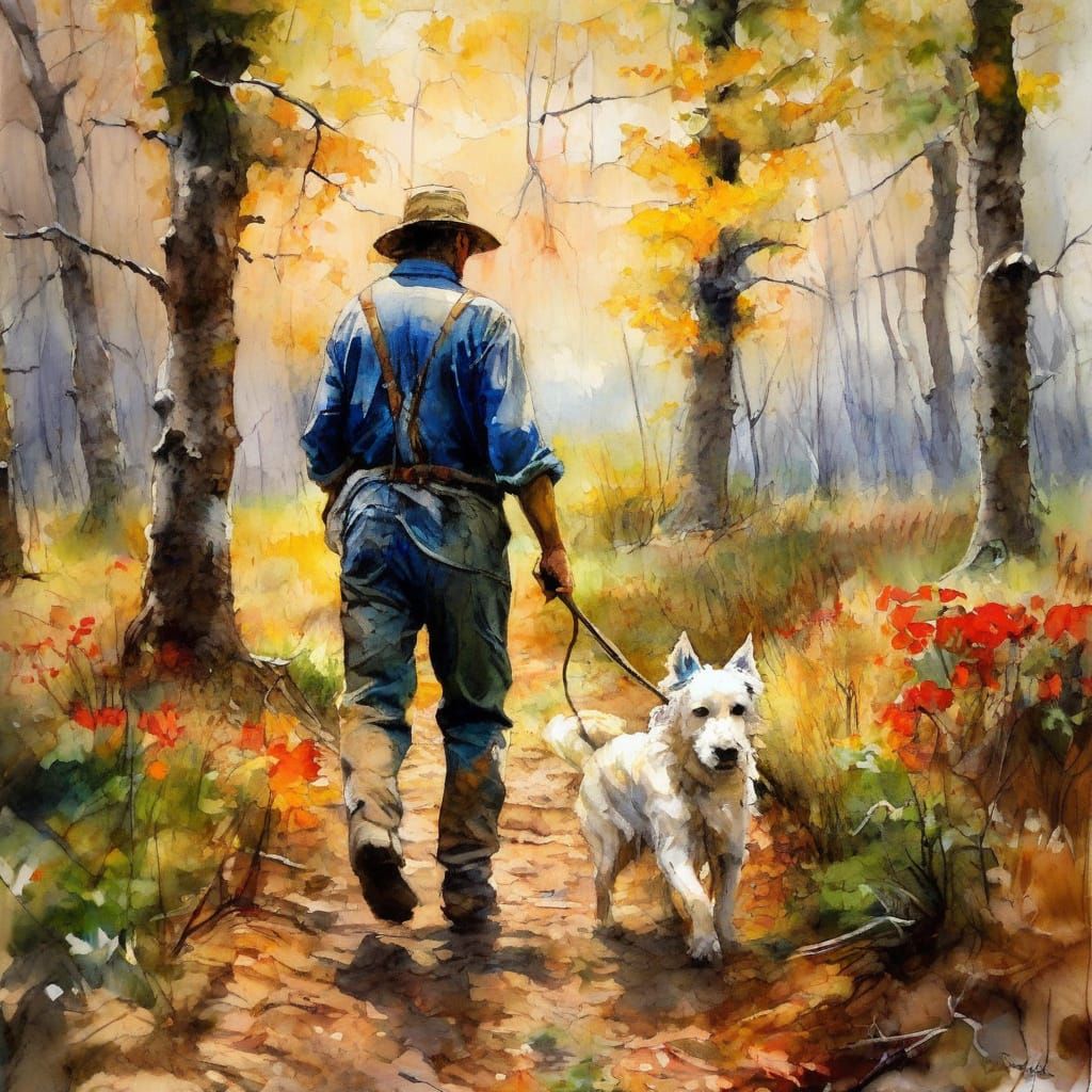 Acuarela con encáustica. Plano medio. Un granjero camina por...