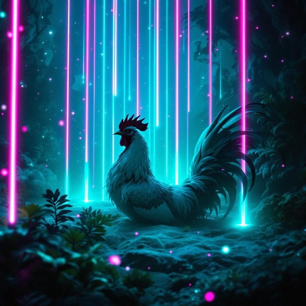 Luminous Rooster in Neon Rain: A Dreamlike Vision