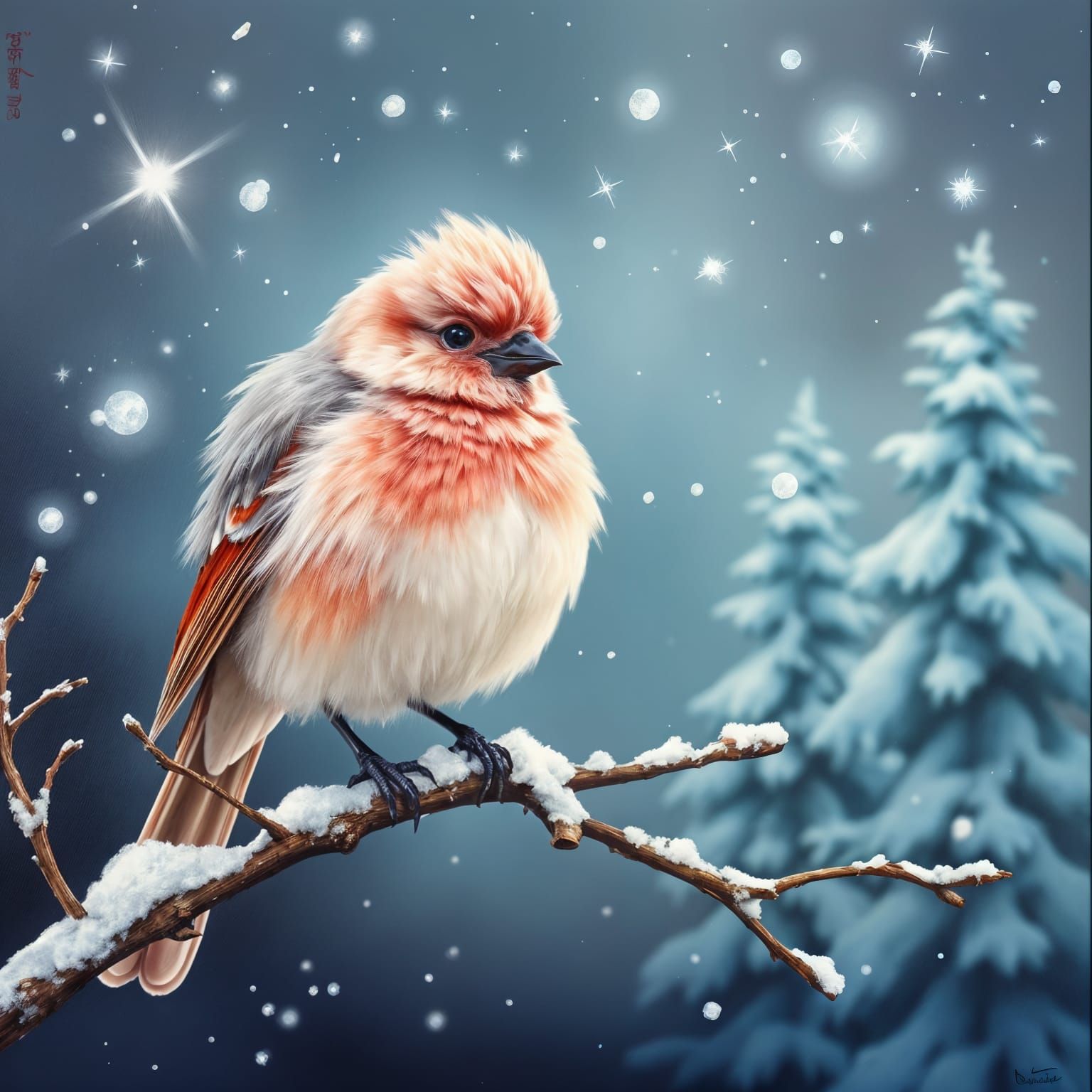 Pink Fluffy Bird in Snowy Winter Scene Painting