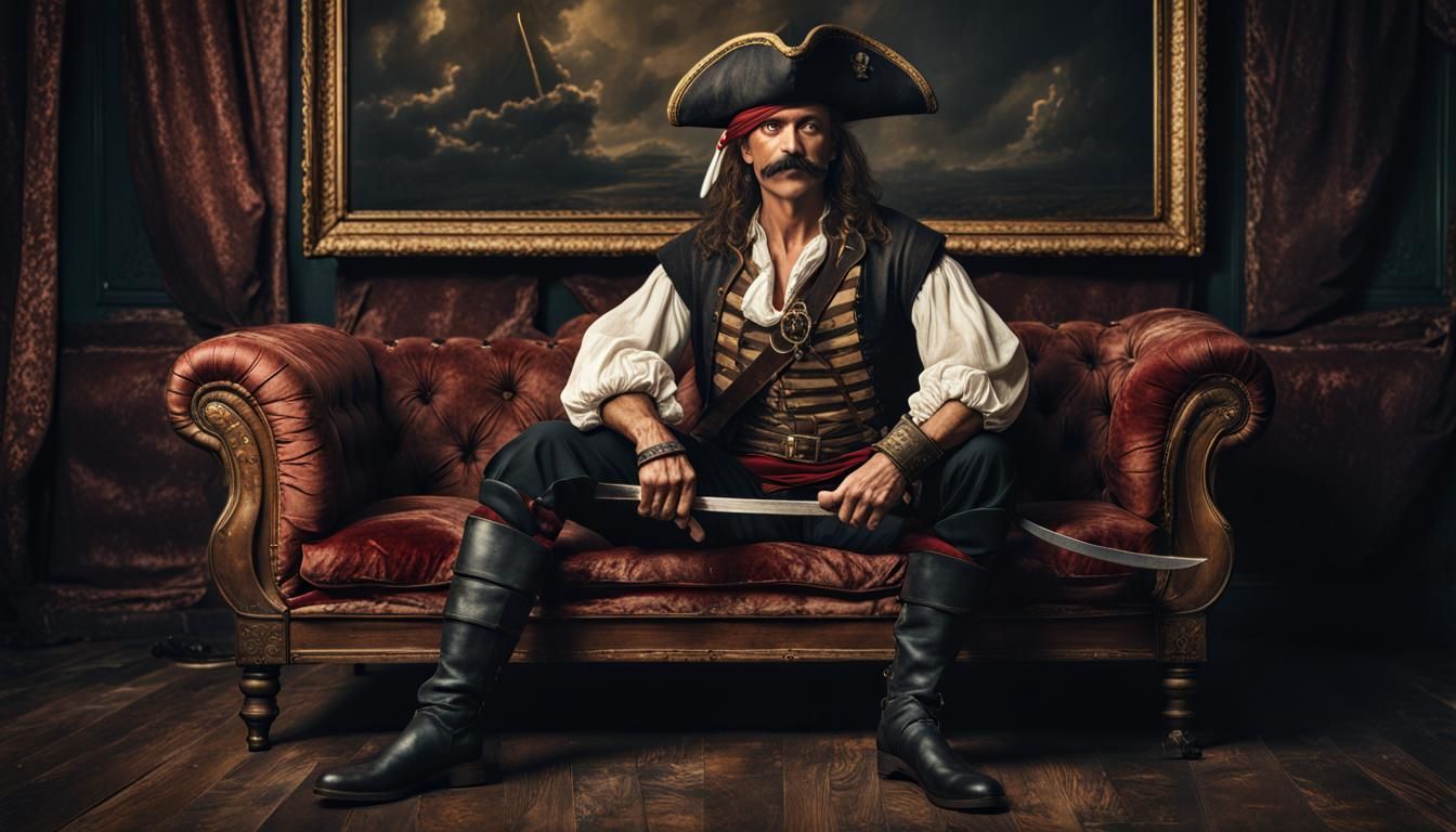 Hyper Realistic vintage frame picture of a pirate with thick moustache sitting on a fancy velvet sofa with his sword on ...