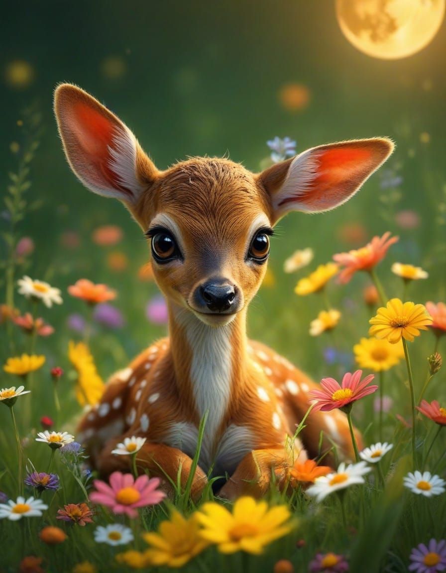 Enchanted Fawn in Vibrant Floral Meadow