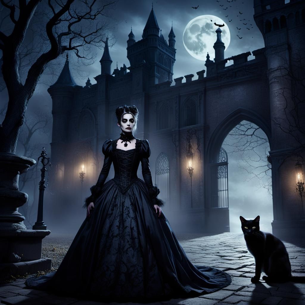 Gothic Victorian Woman in Castle Courtyard