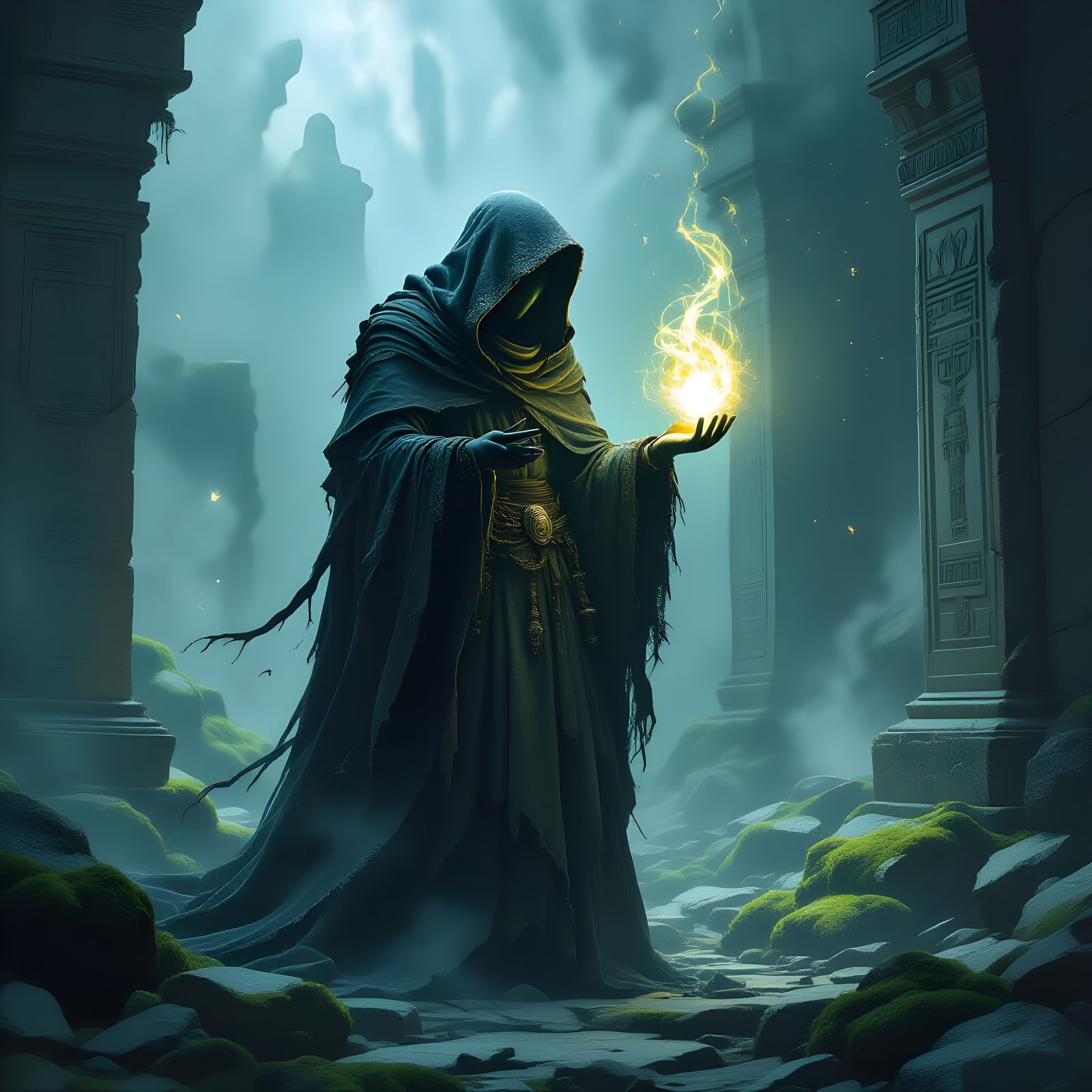 Enigmatic Figure in Ancient Ruins with Glowing Artifact