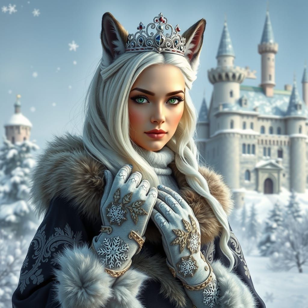 Regal Winter Goddess with Wolf Ears and Snowy Castle