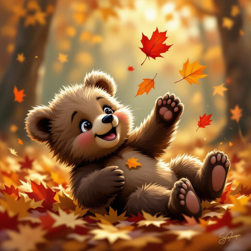 Adorable Baby Bear Cub Frolicking in Autumn Leaves
