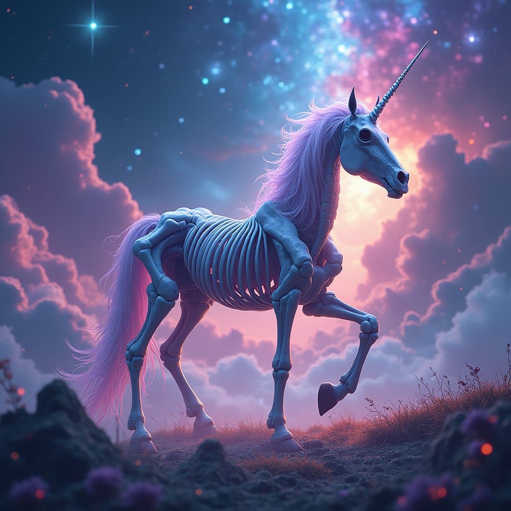 Unicorn Skeleton in Starry Galaxy, Futuristic Dreamscape