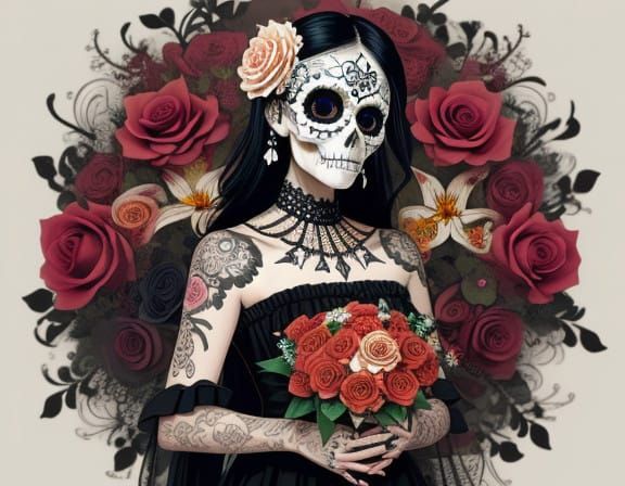 Surreal Skull Tattoo with Vibrant Flowers in Intricate Detai...