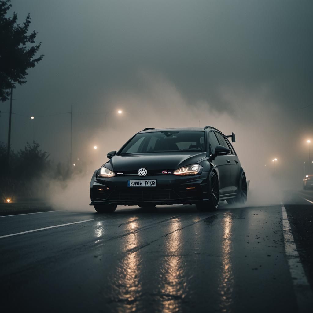 Black VW Golf Races on Misty Track