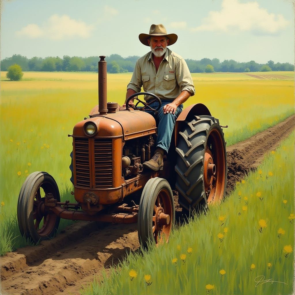 Rugged Farmer Stands Proud with Worn Tractor in a Vibrant Gr...