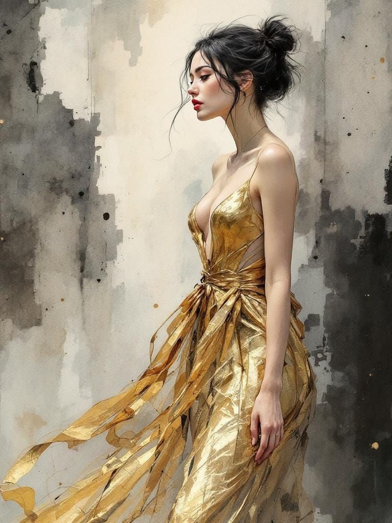 Swedish Woman in Gold Dress, Atmospheric Watercolor Style